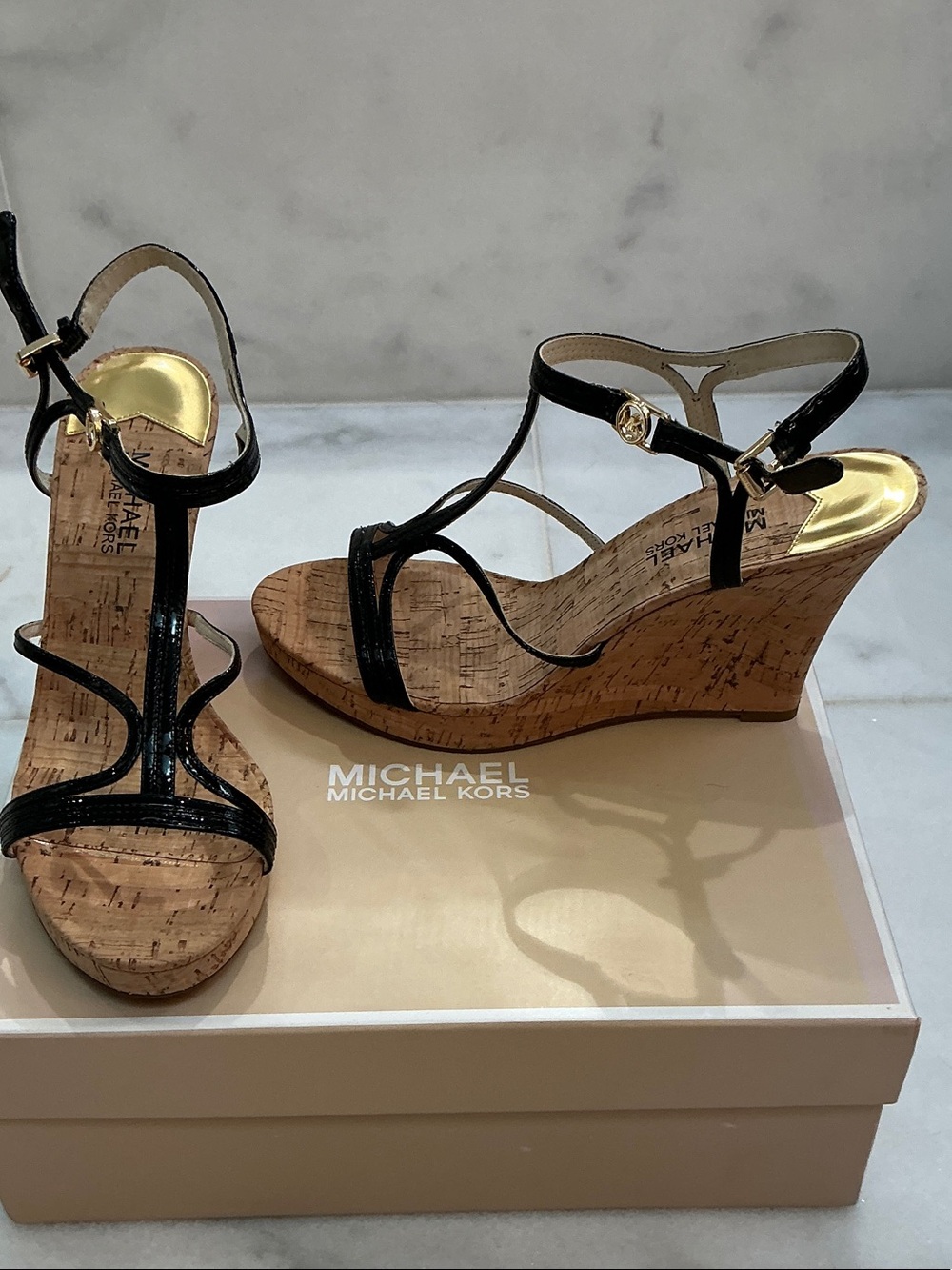 Michael Kors Black Patent Leather Cork Wedge Sandals 10. NIB